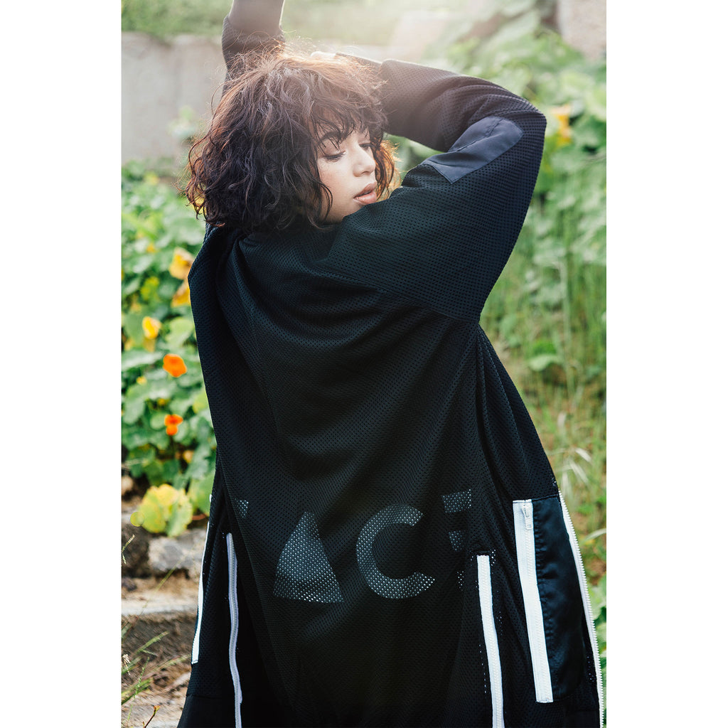 LONGLINE REVERSIBLE SATIN/MESH BOMBER - PEACE FITS